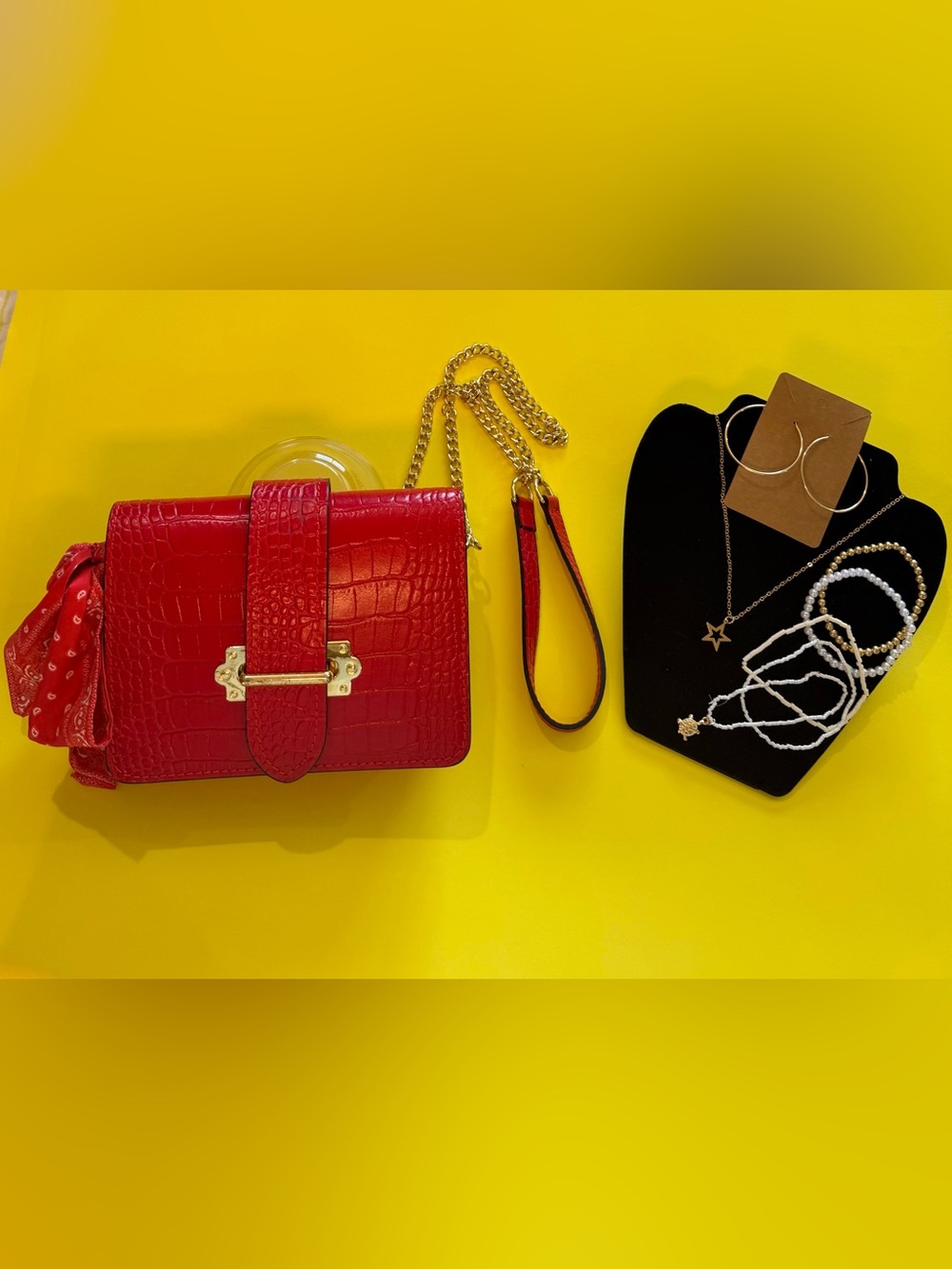 Red Croc-Embossed Chain Crossbody Bag with Scarf Accent & accessories